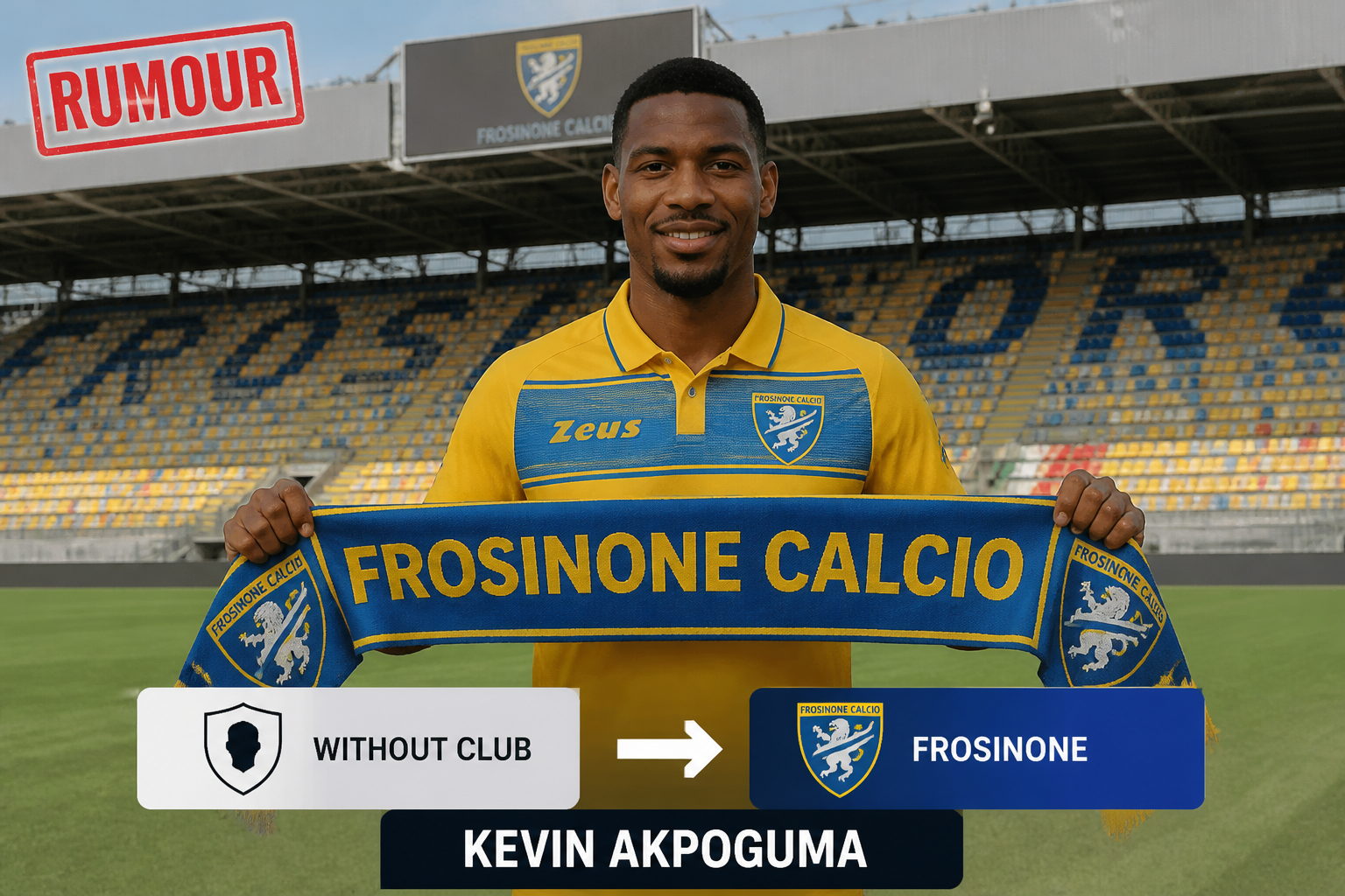 Footballer Kevin Akpoguma in yellow Frosinone kit holds a blue scarf reading 'Frosinone Calcio' on a stadium field, with empty stands behind him. Footballer Kevin Akpoguma in yellow Frosinone kit holds a blue scarf reading 'Frosinone Calcio' on a stadium field, with empty stands behind him.