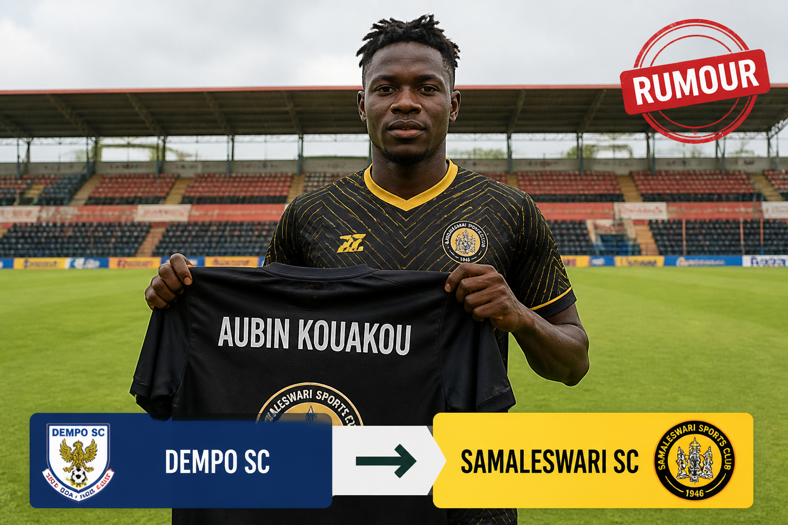 Soccer player in black and gold kit on a stadium field holding a black jersey that reads 'AUBIN KOUAKOU'; banner shows transfer from DEMPO SC to SAMALESWARI SC, with a 'RUMOUR' stamp in the corner. Soccer player in black and gold kit on a stadium field holding a black jersey that reads 'AUBIN KOUAKOU'; banner shows transfer from DEMPO SC to SAMALESWARI SC, with a 'RUMOUR' stamp in the corner.