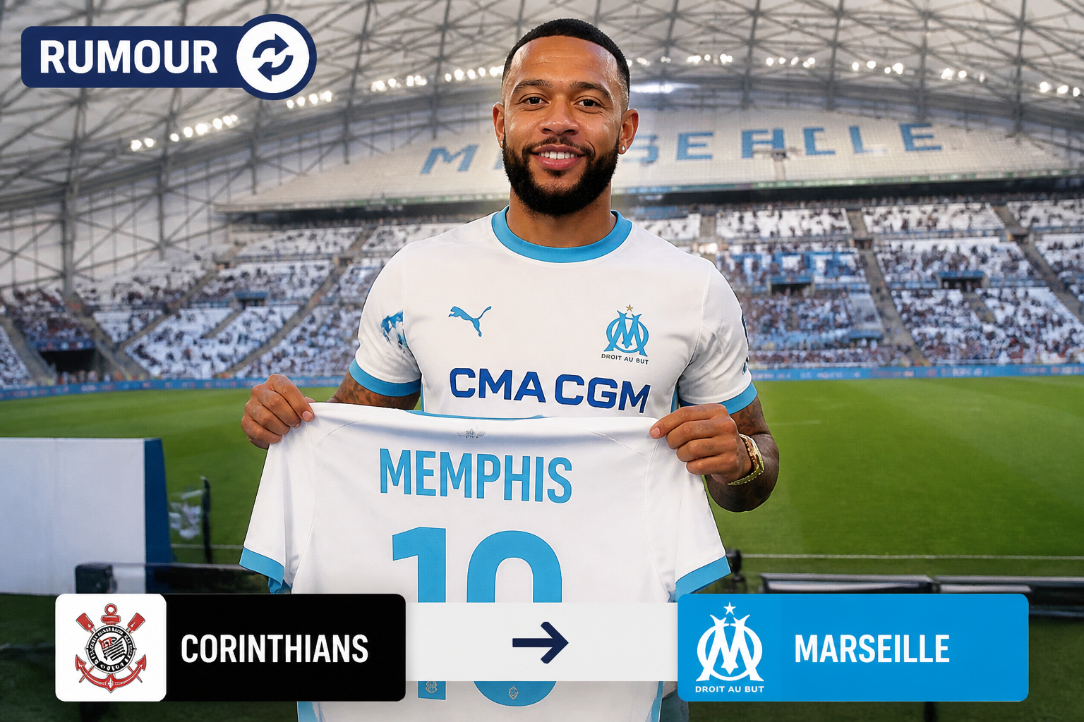 Footballer in an Olympique Marseille kit holds a jersey reading MEMPHIS 10 in a stadium with a Rumour overlay in the corner.