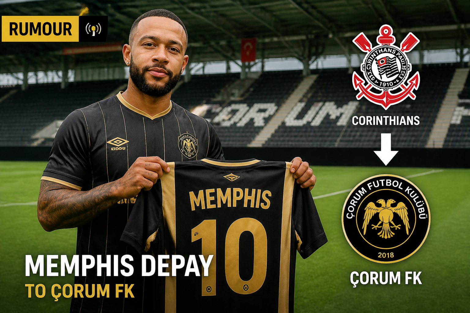 Footballer in a black and gold kit holds up a matching jersey with the number 10, amid a Corum FK transfer rumor backdrop in a stadium. Footballer in a black and gold kit holds up a matching jersey with the number 10, amid a Corum FK transfer rumor backdrop in a stadium.