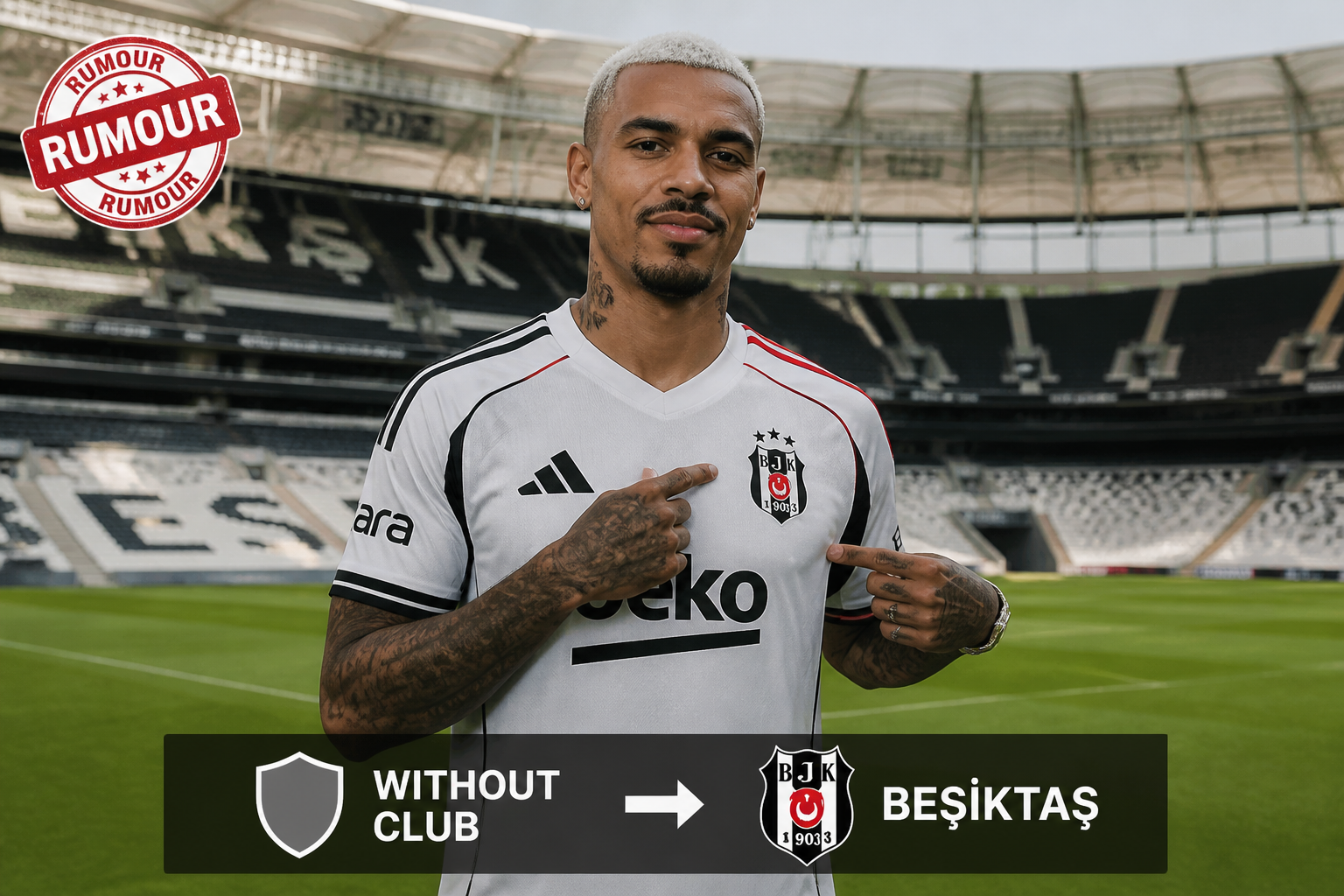 Footballer in Beşiktaş jersey at empty stadium, rumor badge overlaid in top-left corner, suggesting a transfer claim.