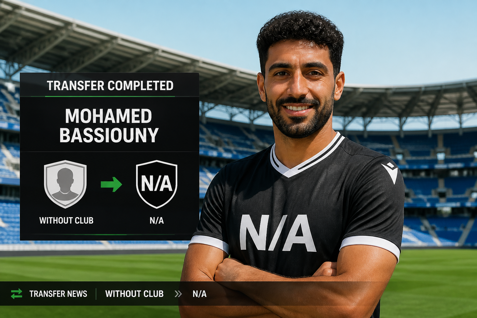 Soccer player Mohamed Bassiouny smiles beside a 'Transfer Completed' board showing N/A status and 'Without Club.' Soccer player Mohamed Bassiouny smiles beside a 'Transfer Completed' board showing N/A status and 'Without Club.'