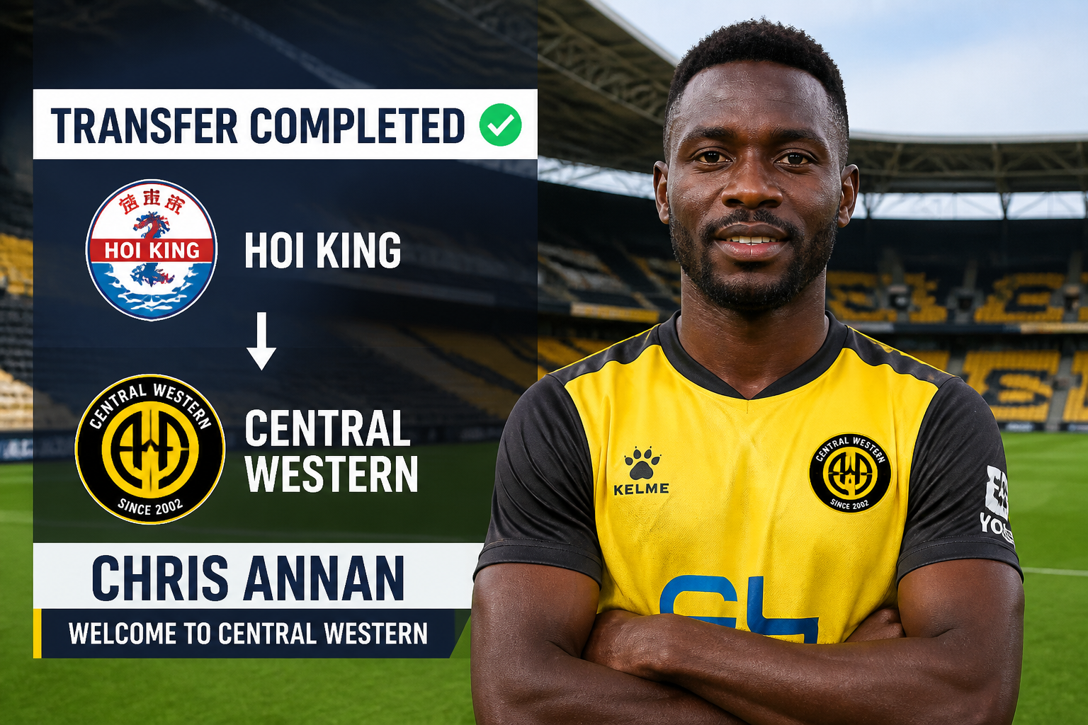 Transfer completed: HoI King to Central Western, with team crests, a downward arrow, and Chris Annan in a yellow kit on a stadium background at left/right. Transfer completed: HoI King to Central Western, with team crests, a downward arrow, and Chris Annan in a yellow kit on a stadium background at left/right.