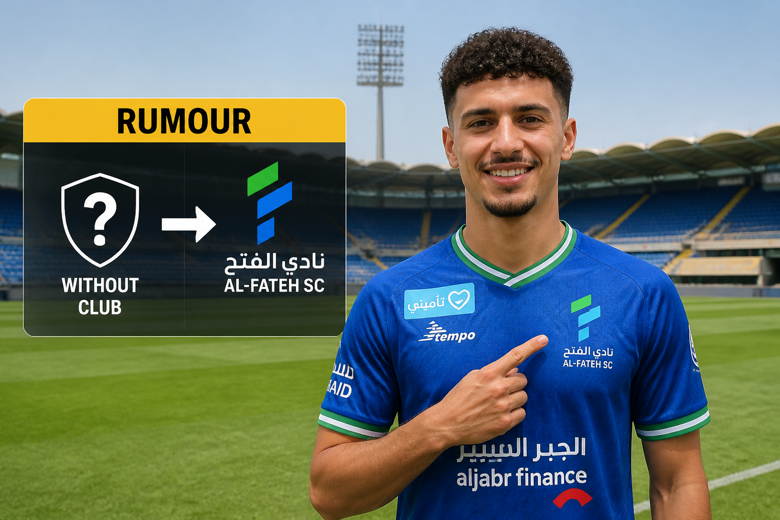 Football player in blue Al-Fateh SC kit standing on a stadium field, pointing at the club logo beside a 'Rumour' graphic showing 'Without Club' to Al-Fateh SC. Football player in blue Al-Fateh SC kit standing on a stadium field, pointing at the club logo beside a 'Rumour' graphic showing 'Without Club' to Al-Fateh SC.