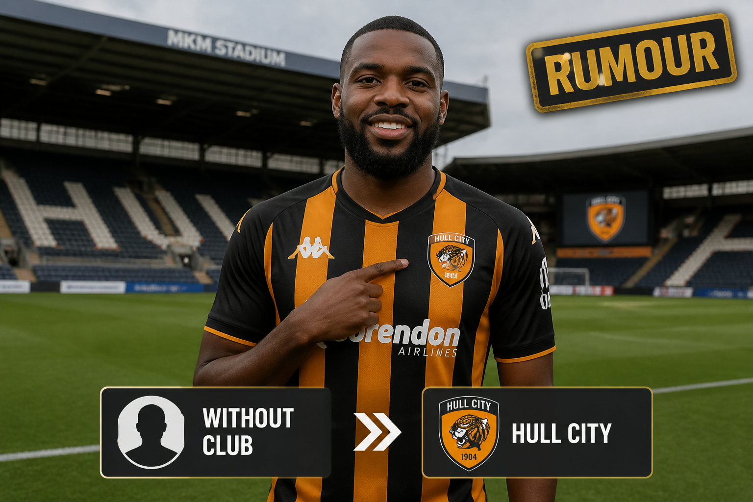 Smiling footballer in Hull City striped kit on the pitch, pointing to the club crest; 'Without Club' vs 'Hull City' panels in foreground.
