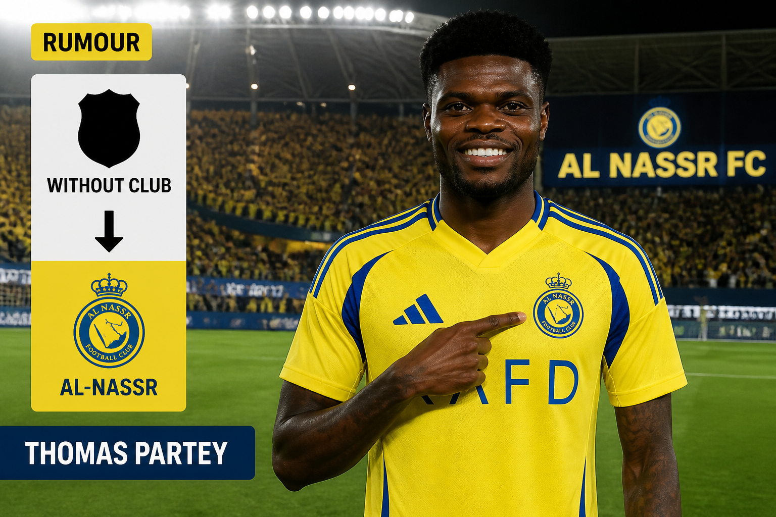 Footballer Thomas Partey in a yellow Al-Nassr kit points to the club crest on his chest, with a 'RUMOUR' banner and 'WITHOUT CLUB' sign on the left, stadium in background.