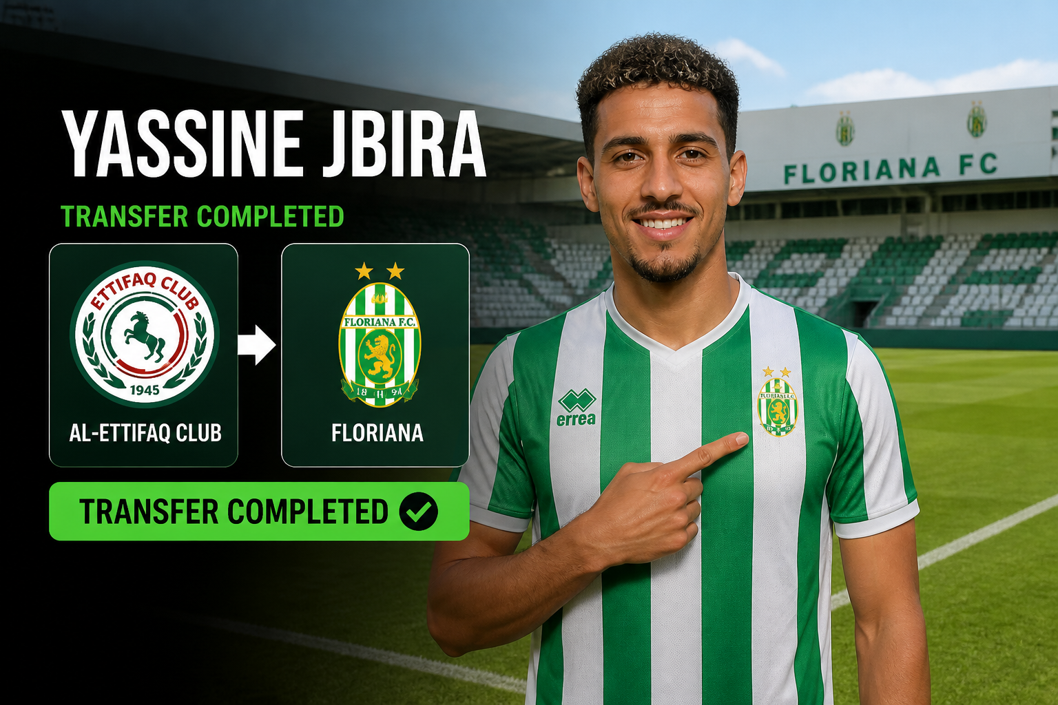 Yassine Jbira transfer completed: joining Floriana FC from Al‑Ettifaq Club, posing in Floriana kit on a football pitch. Yassine Jbira transfer completed: joining Floriana FC from Al‑Ettifaq Club, posing in Floriana kit on a football pitch.