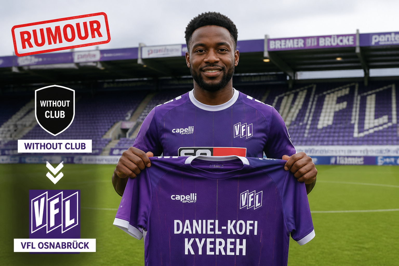 Soccer player Daniel-Kofi Kyereh in a purple kit holds a matching jersey on a stadium field, with a red 'RUMOUR' stamp and a 'WITHOUT CLUB' badge indicating a transfer rumor.