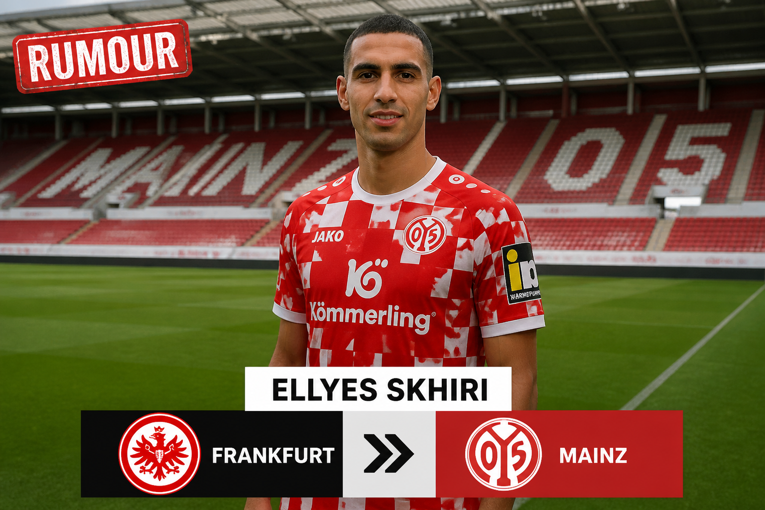 Portrait of footballer Ellyes Skhiri in a red-and-white Mainz 05 jersey on the pitch, with a 'RUMOUR' decal in the corner and a Frankfurt vs Mainz graphic bar at the bottom showing team logos and names.