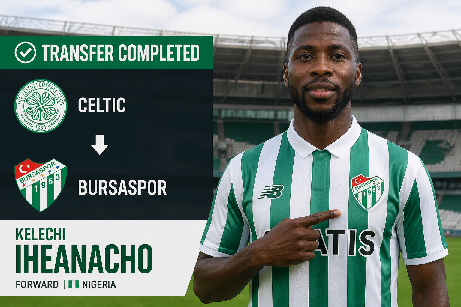 Banner announcing transfer completed: Kelechi Iheanacho, Nigerian forward, joins Bursaspor in green-and-white kit. Banner announcing transfer completed: Kelechi Iheanacho, Nigerian forward, joins Bursaspor in green-and-white kit.