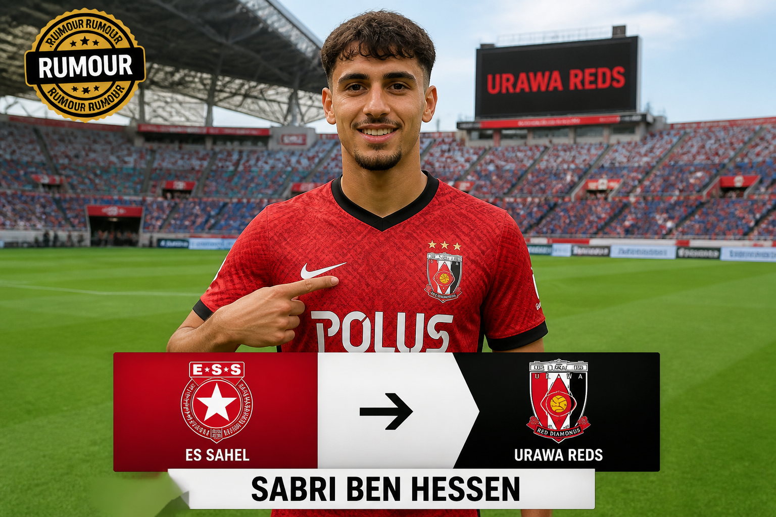 Portrait of Sabri Ben Hessen in a red soccer jersey standing on a stadium pitch, with a lower graphic showing ES Sahel vs. Urawa Reds and an arrow between teams.