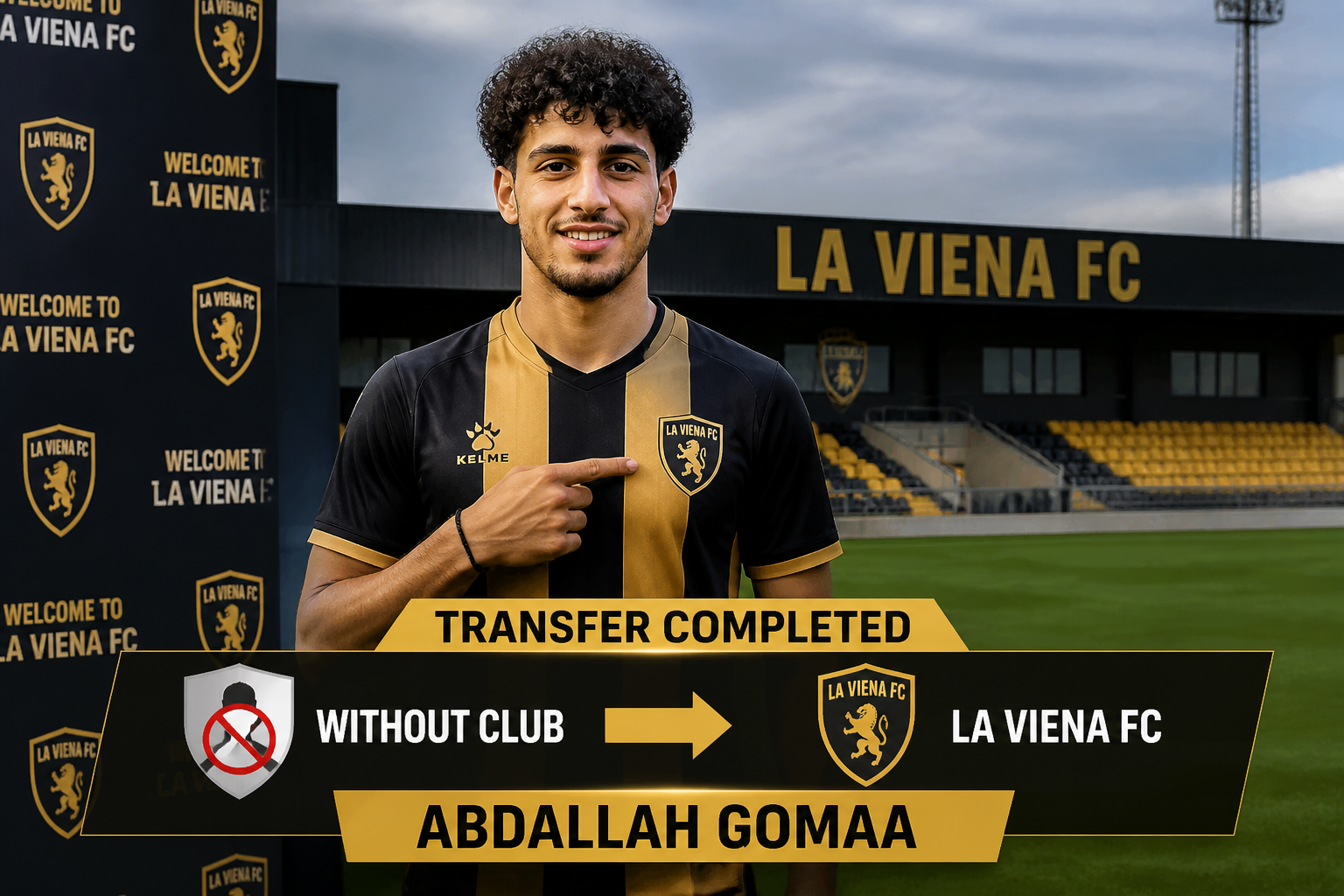 Footballer in La Vienna FC kit smiles and points to the club crest as a 'Transfer Completed' banner is shown behind him, celebrating the move to La Vienna FC with Abdallah Gomaa listed below.