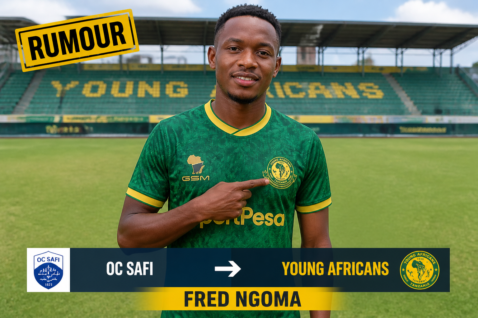 Portrait of Fred Ngoma in a green Young Africans jersey on a football pitch, with a yellow 'RUMOUR' banner in the corner and stadium stands behind him.
