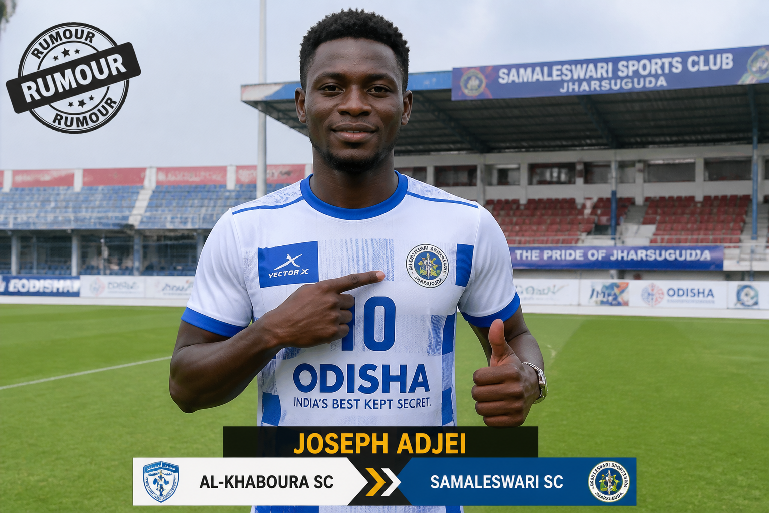 Soccer player Joseph Adjei on a green field, wearing a white and blue jersey, pointing to his chest badge at a stadium.