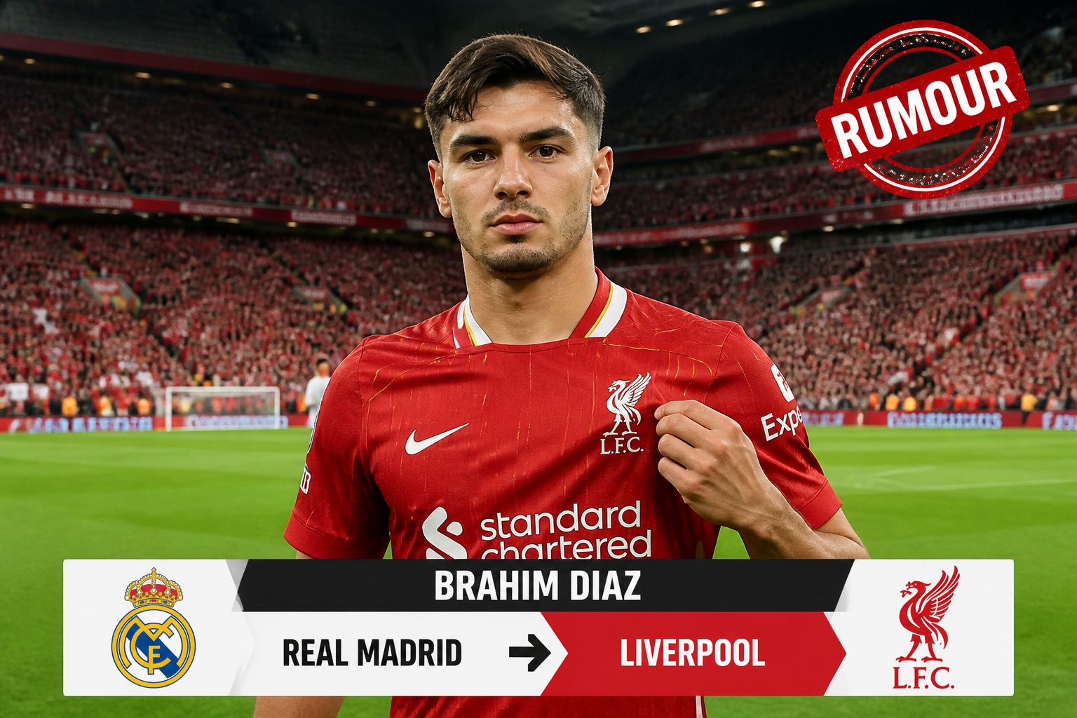 Liverpool FC player in a red kit stands on the pitch with a transfer banner reading Real Madrid → Liverpool and a red 'RUMOUR' stamp in the corner.