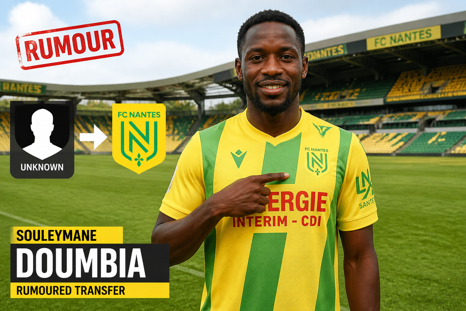 Souleymane Doumbia in FC Nantes home kit on a stadium field, with a bold 'RUMOUR' stamp and transfer graphics suggesting a move to Nantes in a news feature. Souleymane Doumbia in FC Nantes home kit on a stadium field, with a bold 'RUMOUR' stamp and transfer graphics suggesting a move to Nantes in a news feature.
