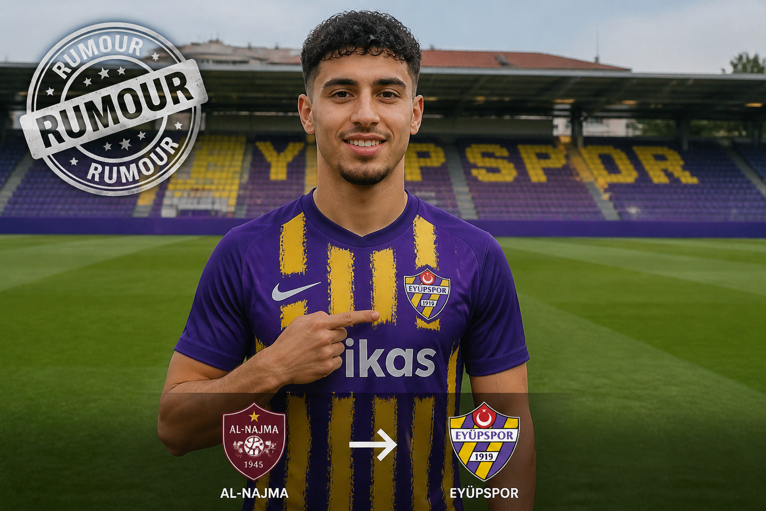 Smiling footballer in a purple Eyüpspor kit on a stadium field; overlay shows a transfer from Al-Najma to Eyüpspor with an arrow and a 'RUMOUR' stamp.