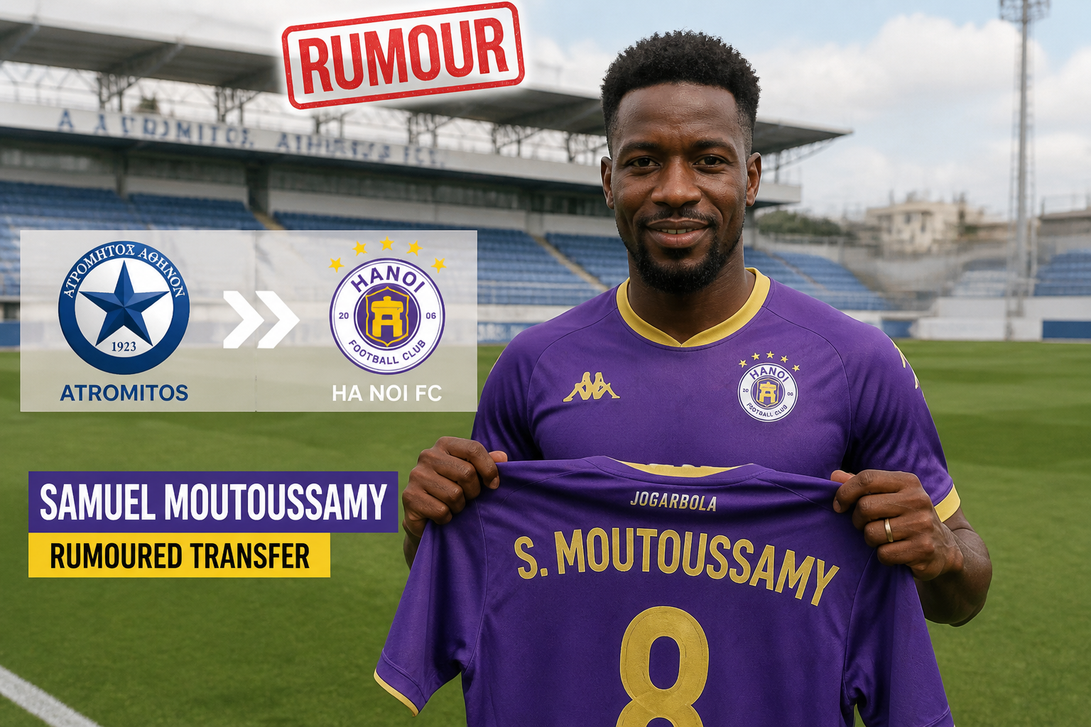 Soccer player in a purple kit holds his jersey with the name S. Moutoussamy, announcing a rumored transfer to Hanoi FC. Soccer player in a purple kit holds his jersey with the name S. Moutoussamy, announcing a rumored transfer to Hanoi FC.