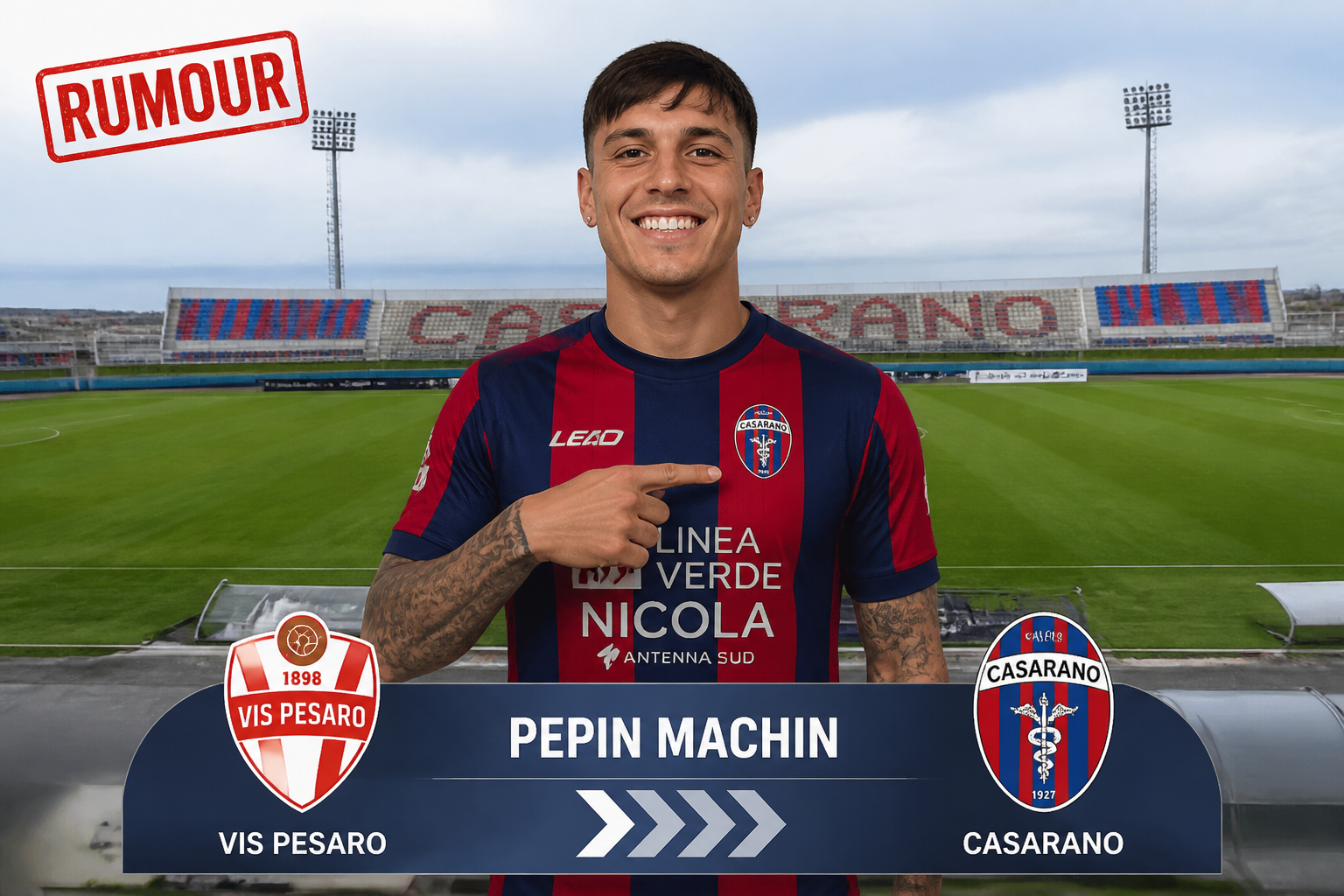 Football player in a red-and-navy striped jersey on a stadium pitch, pointing at the Casarano crest; bottom banner shows VIS PESARO and CASARANO logos with the name Pepin Machin.