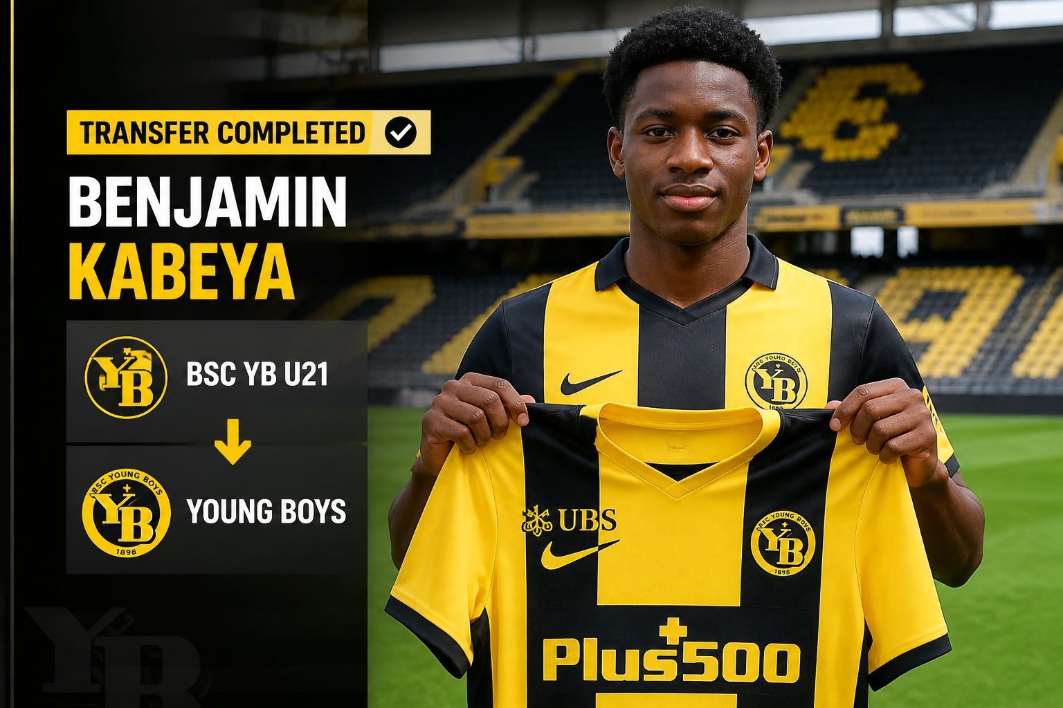 Benjamin Kabeya transfer completed to Young Boys; he holds a yellow-and-black club jersey in the stadium. Benjamin Kabeya transfer completed to Young Boys; he holds a yellow-and-black club jersey in the stadium.