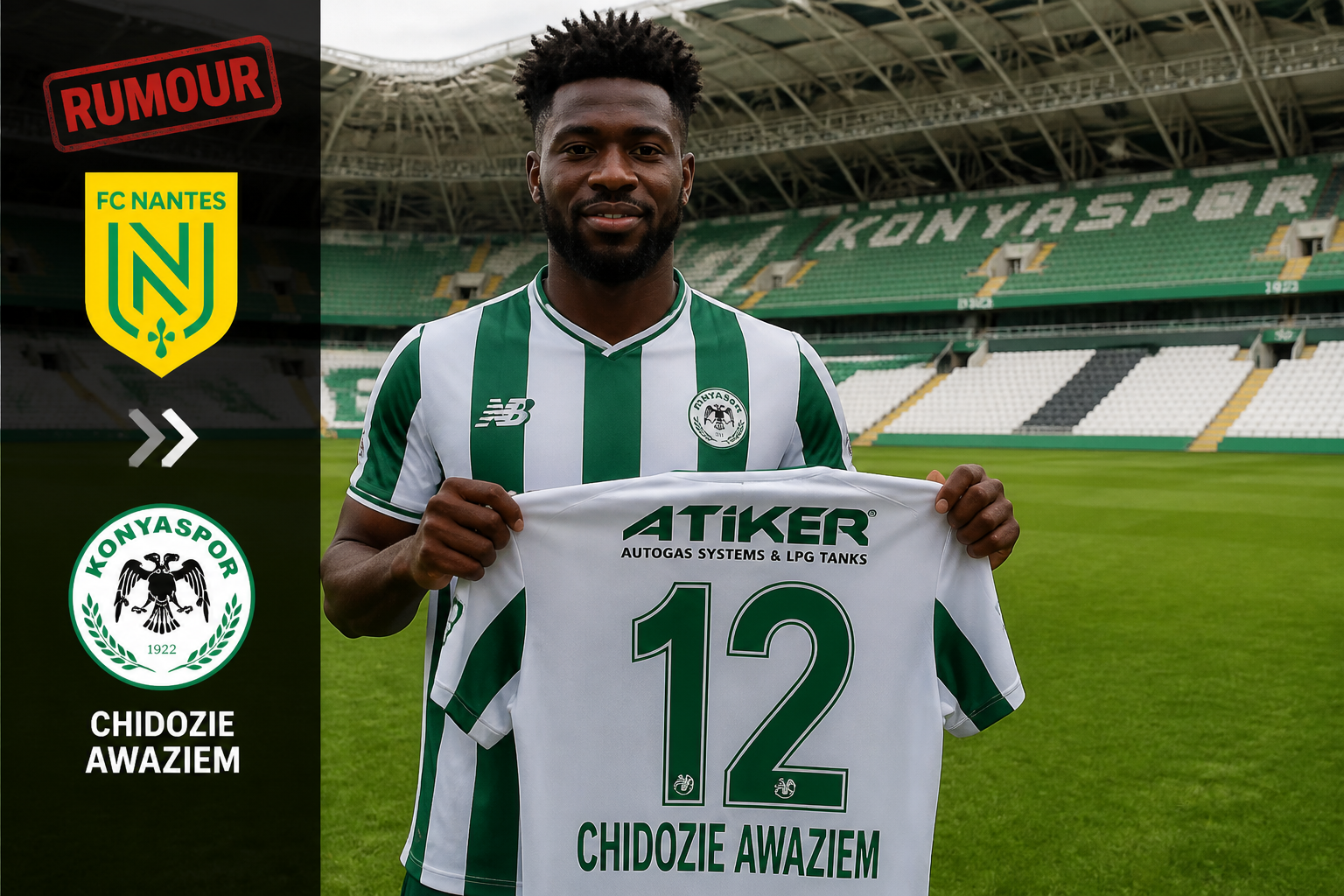 Footballer in green-and-white striped kit on a stadium pitch, holding a jersey with the number 12 and the name CHIDOZIE AWAZIEM. Footballer in green-and-white striped kit on a stadium pitch, holding a jersey with the number 12 and the name CHIDOZIE AWAZIEM.