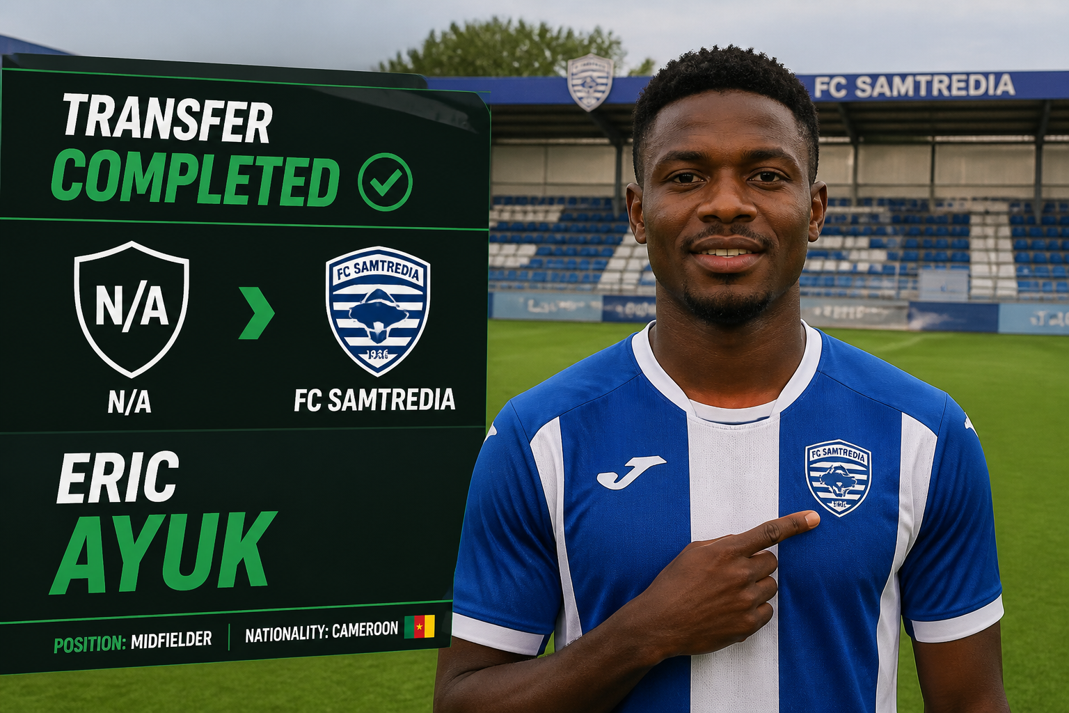 Eric Ayuk in a blue-and-white kit points to the FC Samtredia crest on a 'TRANSFER COMPLETED' sign beside him at a stadium.
