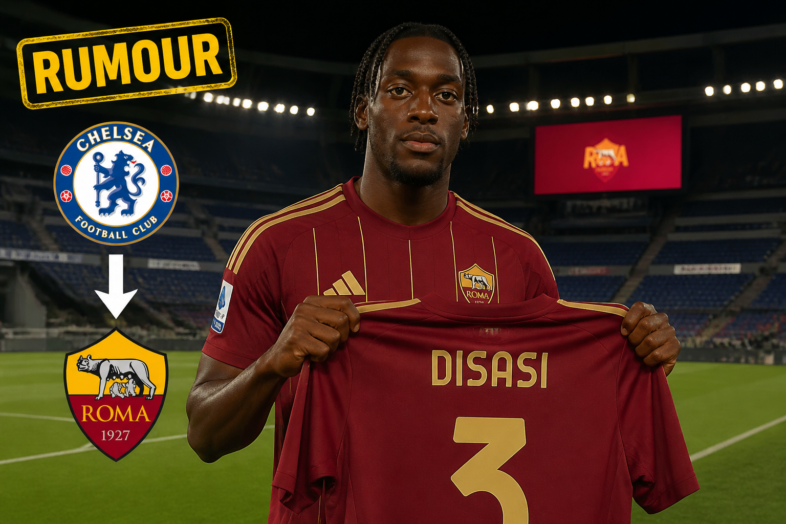 Footballer in AS Roma kit holding a DISASI 3 shirt; stadium in background with a RUMOUR banner and Chelsea/Roma logos, signaling a transfer rumor.