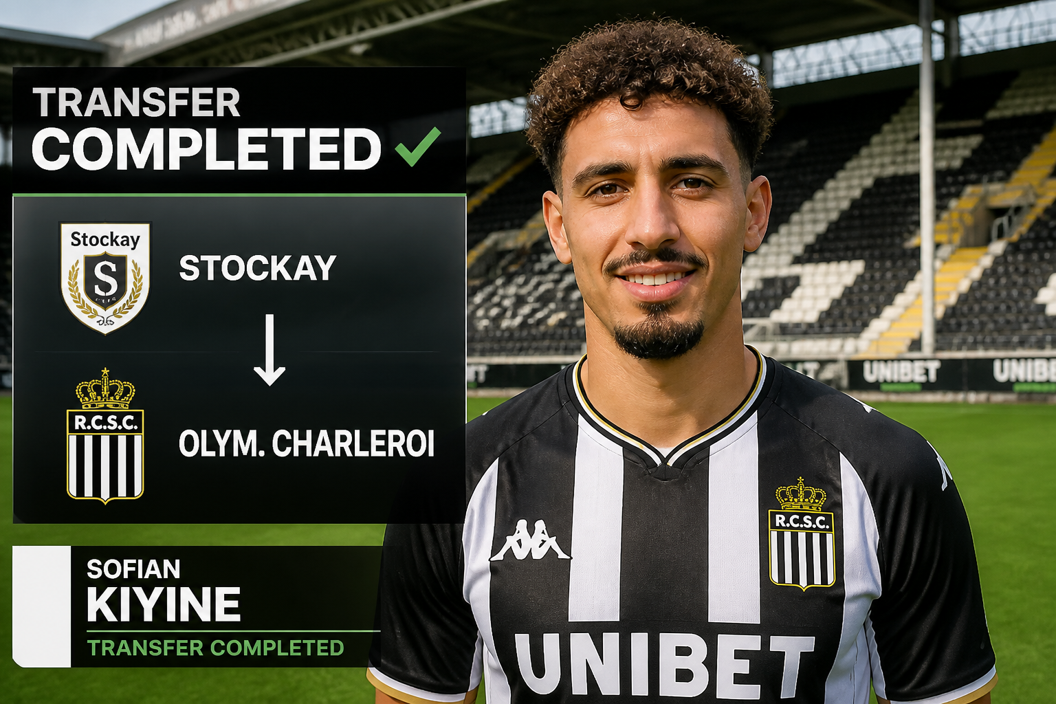 Transfer completed banner: Sofian Kiyine signs for RC Charleroi from Stockay, shown in a black-and-white stripes jersey on the stadium pitch beside the transfer graphic.