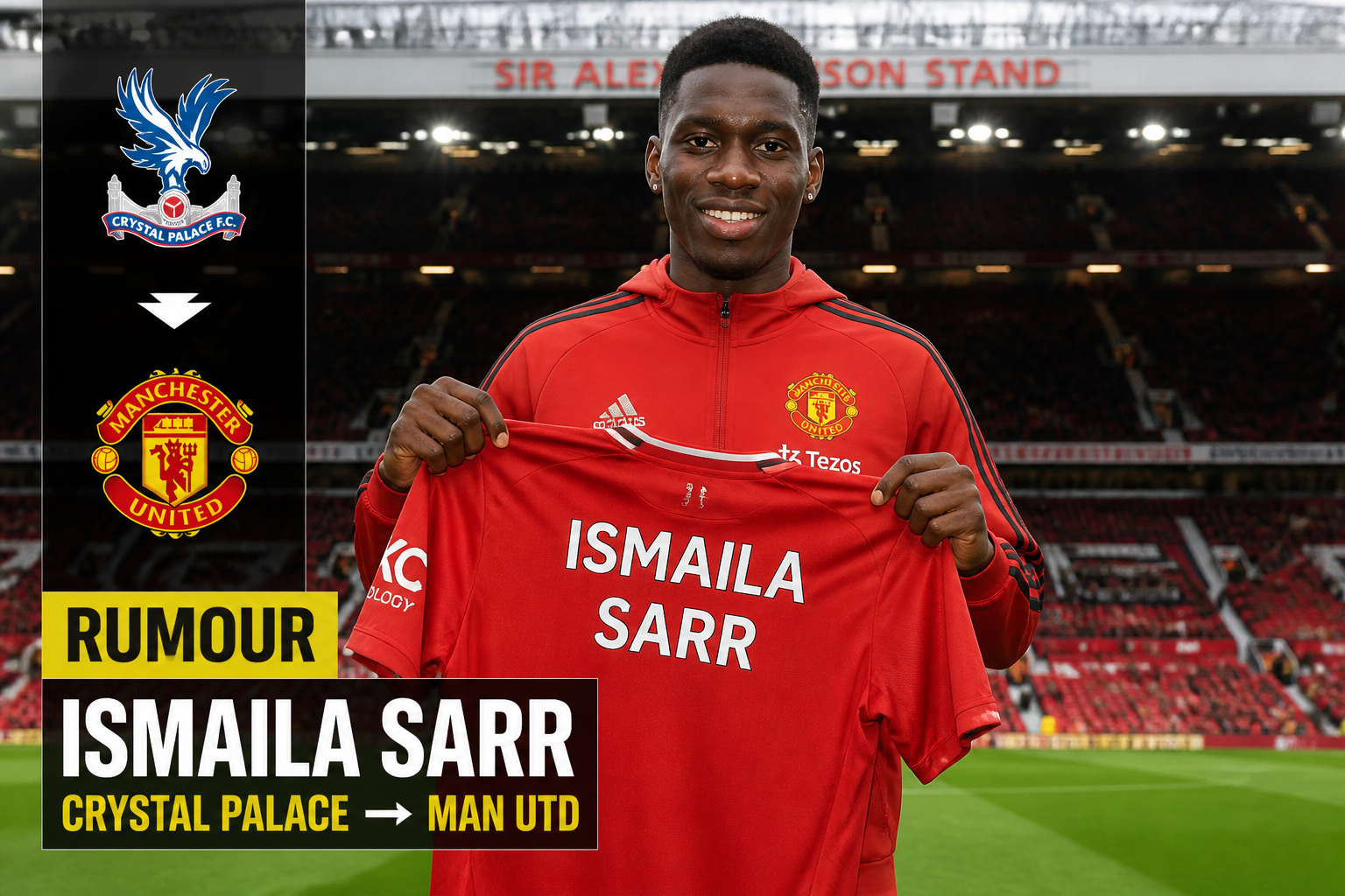 Ismaila Sarr in a red shirt holds up a jersey with his name, in a stadium; graphic shows a Crystal Palace to Manchester United transfer rumor on the left panel.