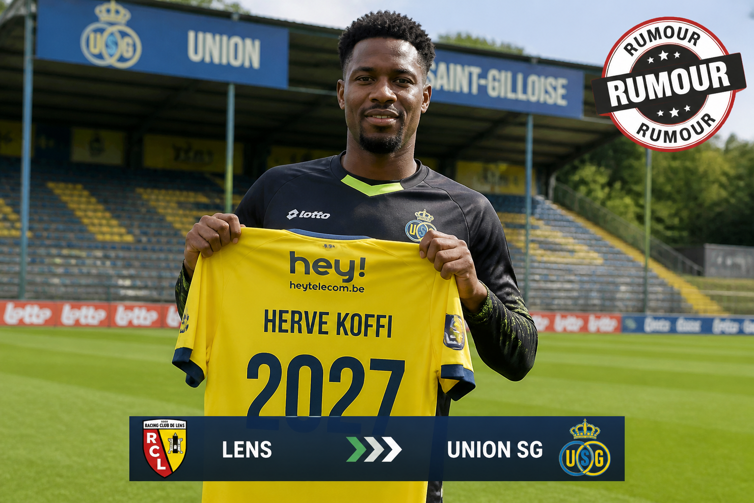 Footballer on a stadium field holding up a yellow jersey that reads 'HERVE KOFFI 2027' with Union SG branding on the chest area. Footballer on a stadium field holding up a yellow jersey that reads 'HERVE KOFFI 2027' with Union SG branding on the chest area.