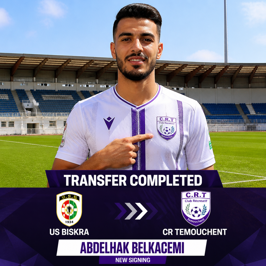 Footballer on a stadium pitch pointing to the crest, announcing transfer of Abdelhak Belkacemi to CR Temouchent as a new signing. Footballer on a stadium pitch pointing to the crest, announcing transfer of Abdelhak Belkacemi to CR Temouchent as a new signing.