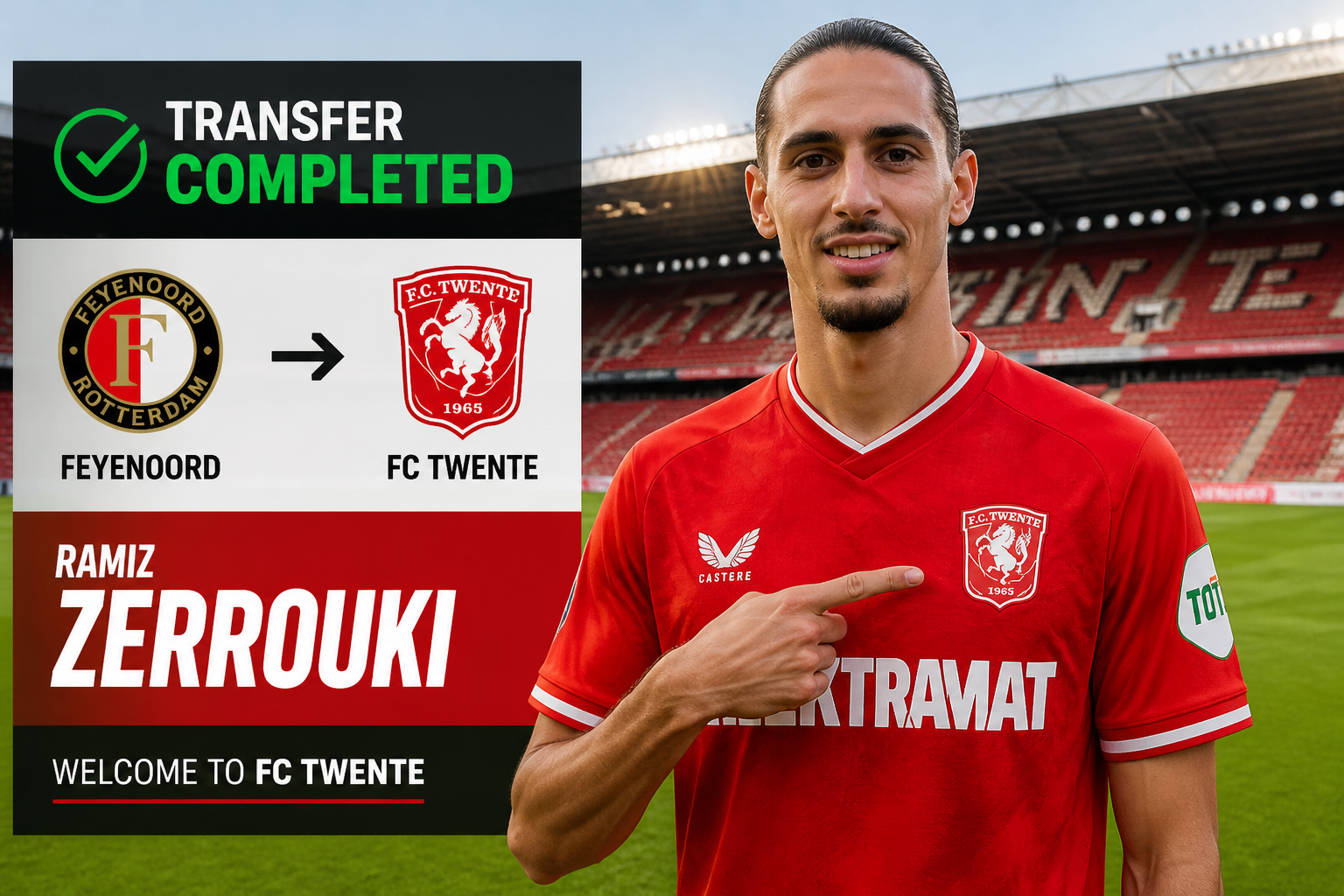 Transfer completed: Ramiz Zerrouki joining FC Twente, with Feyenoord to Twente logos on the left. Transfer completed: Ramiz Zerrouki joining FC Twente, with Feyenoord to Twente logos on the left.