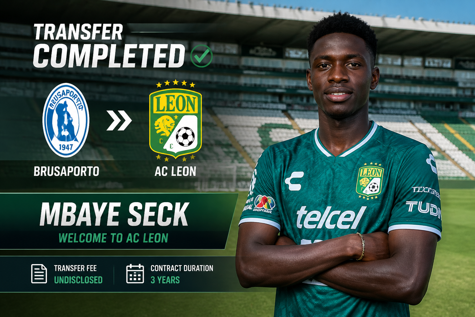 Transfer completed: Mbaye Seck signs with AC Leon, shown with team crest and 'Welcome to AC Leon' banner. Transfer completed: Mbaye Seck signs with AC Leon, shown with team crest and 'Welcome to AC Leon' banner.
