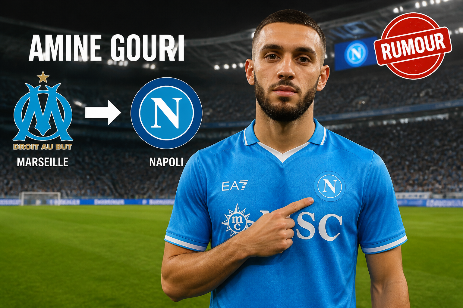 Amine Gouri in a Napoli kit with Marseille logo to Napoli logo transfer graphic and a Rumour badge in the corner