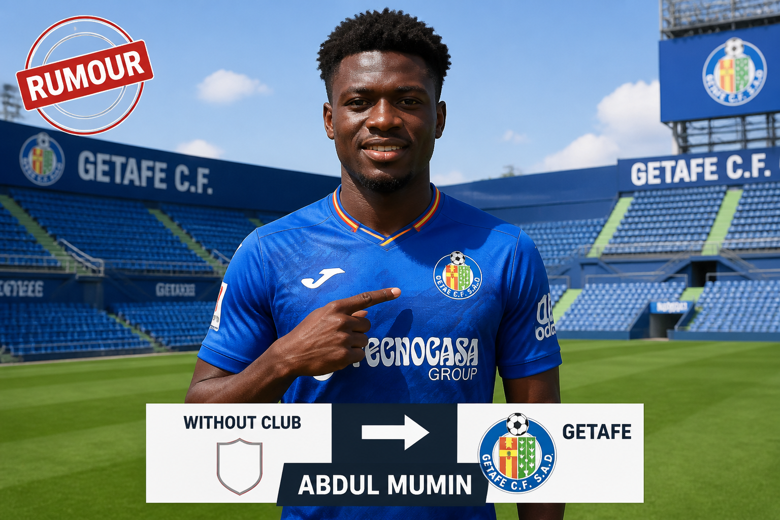 Footballer in a blue Getafe jersey on a stadium pitch with a red 'RUMOUR' stamp; transfer to Getafe for Abdul Mumin suggested in a graphic overlay.