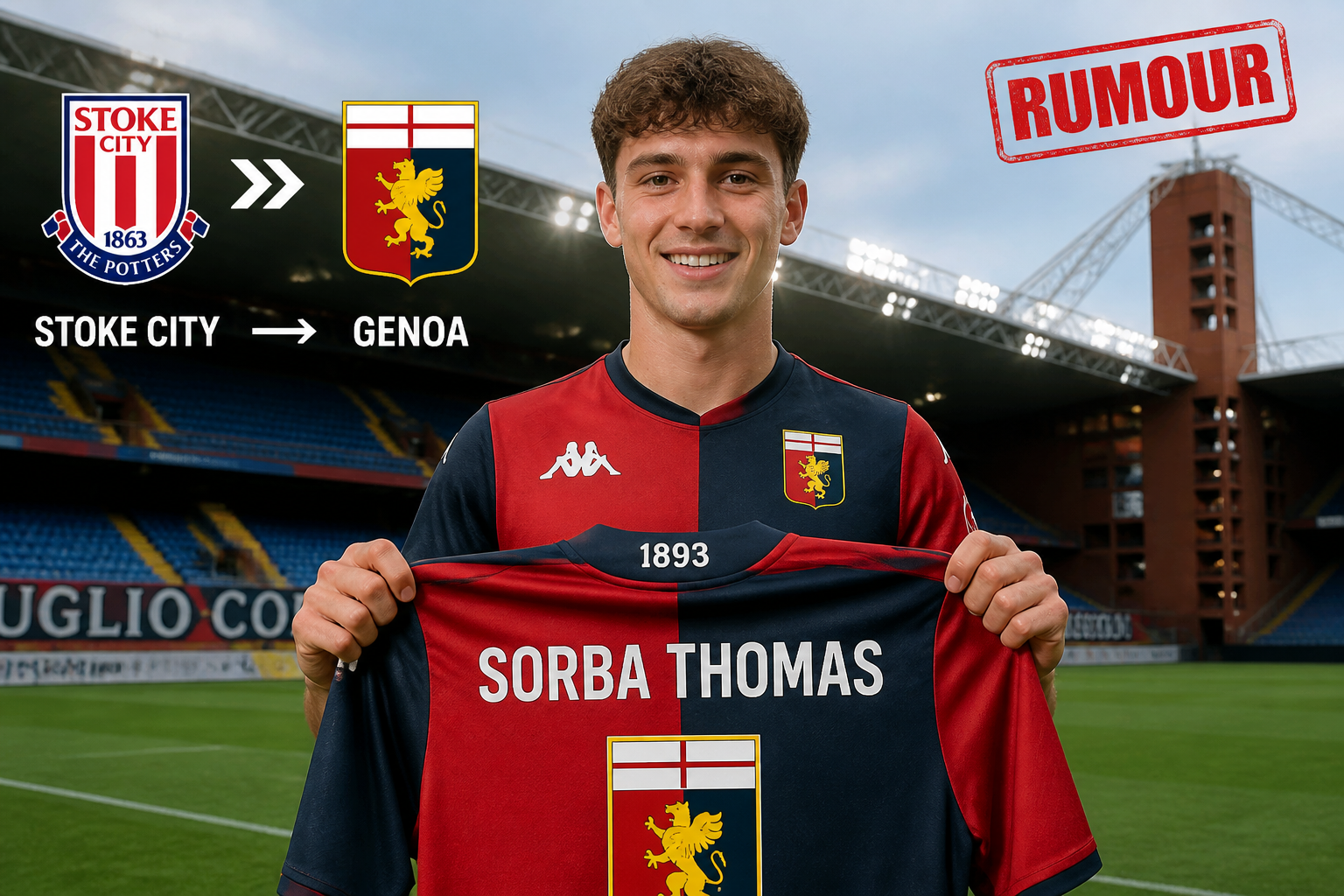 Footballer in Stoke City colors holds a jersey reading ‘SORBA THOMAS’ on a stadium field with a Genoa transfer rumor graphic nearby. Footballer in Stoke City colors holds a jersey reading ‘SORBA THOMAS’ on a stadium field with a Genoa transfer rumor graphic nearby.