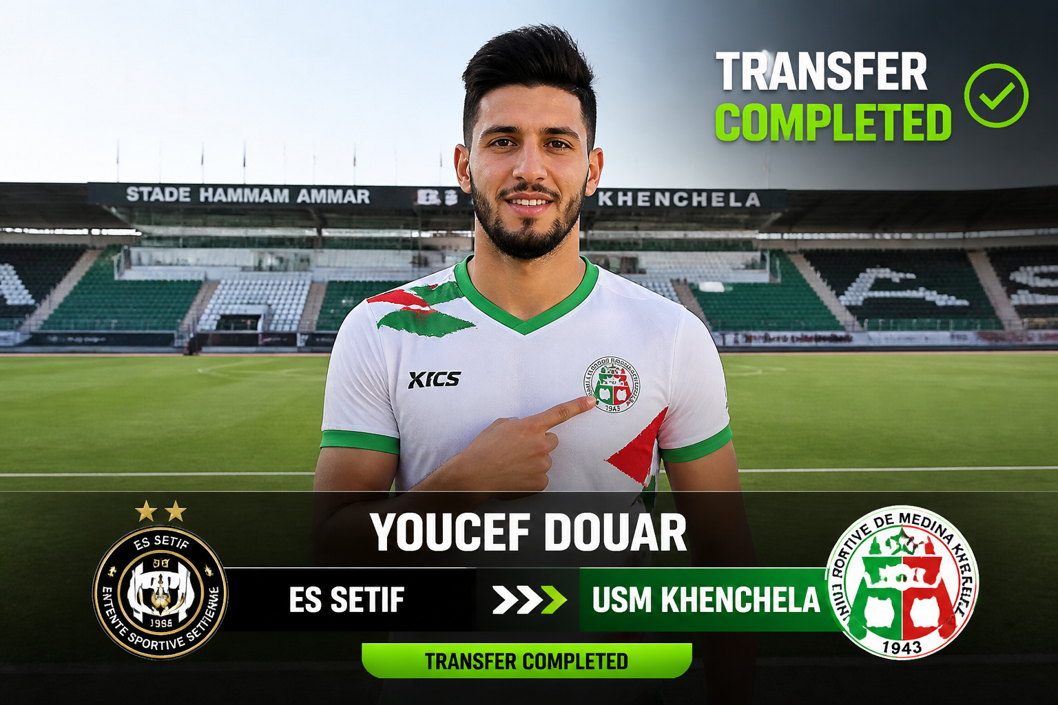 Soccer player Youcef Douar points to the club badge as a transfer is completed, with a stadium backdrop and team logos on either side.