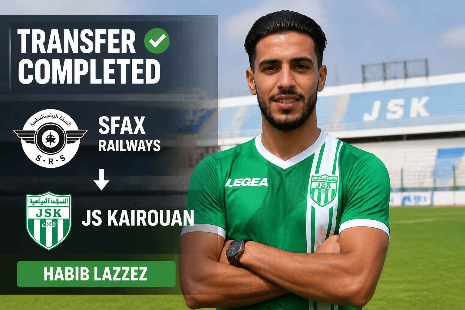 Transfer completed: Habib Lazzez joins JS Kairouan from Sfax Railways, shown in a green kit with team logos on a stadium backdrop. Transfer completed: Habib Lazzez joins JS Kairouan from Sfax Railways, shown in a green kit with team logos on a stadium backdrop.