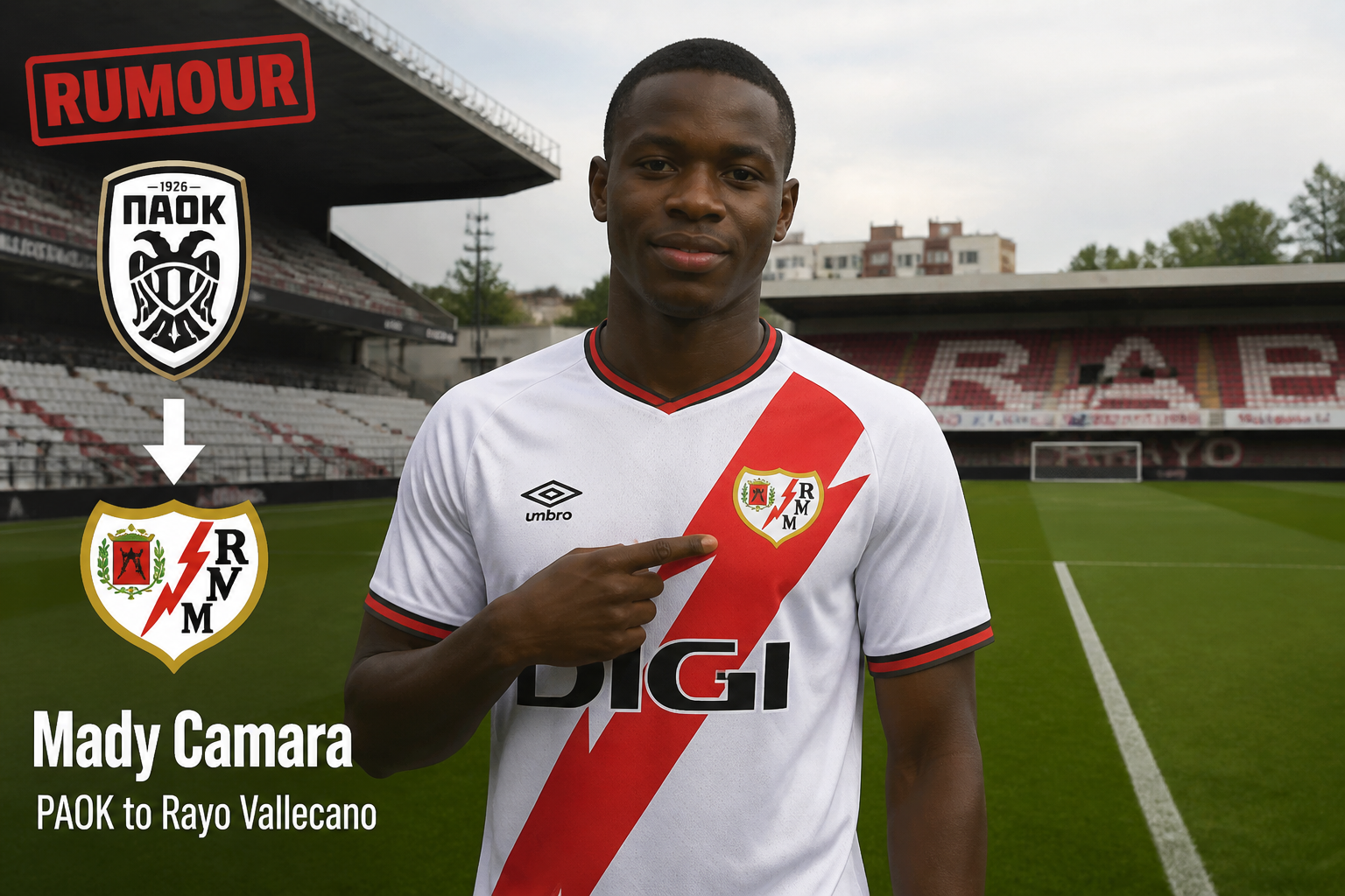 Portrait of a footballer in a white kit on a stadium field, pointing to the Rayo Vallecano crest; caption reads 'Mady Camara – PAOK to Rayo Vallecano'
