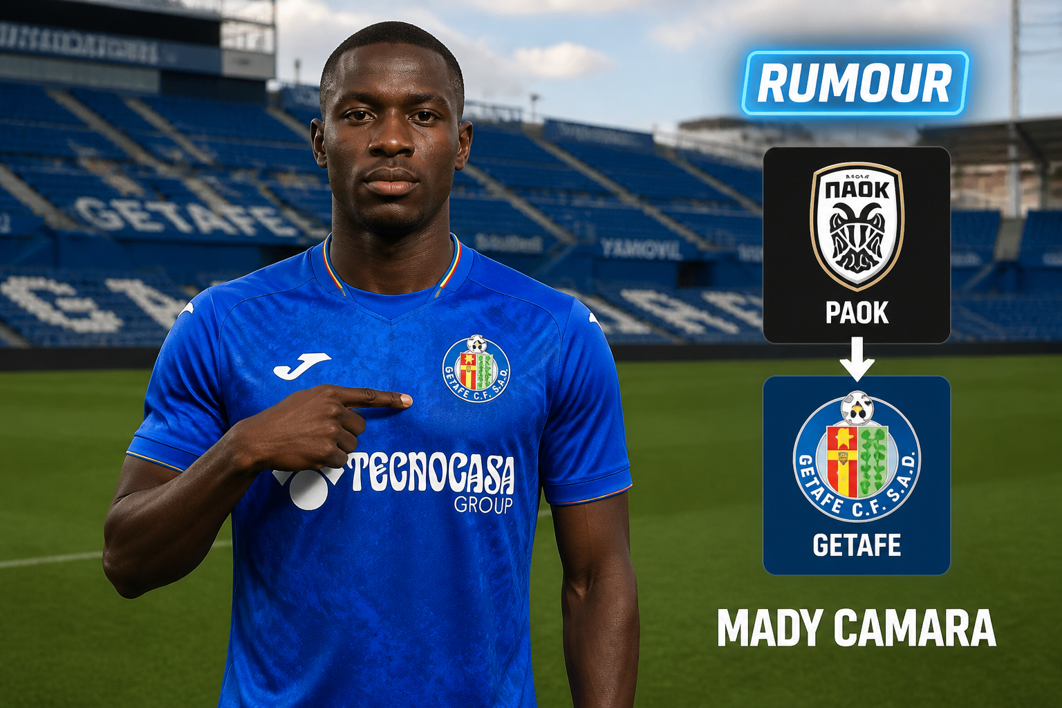 Mady Camara in a blue Getafe jersey on a stadium field, pointing to the Getafe badge; PAOK logo appears above with a rumor graphic.
