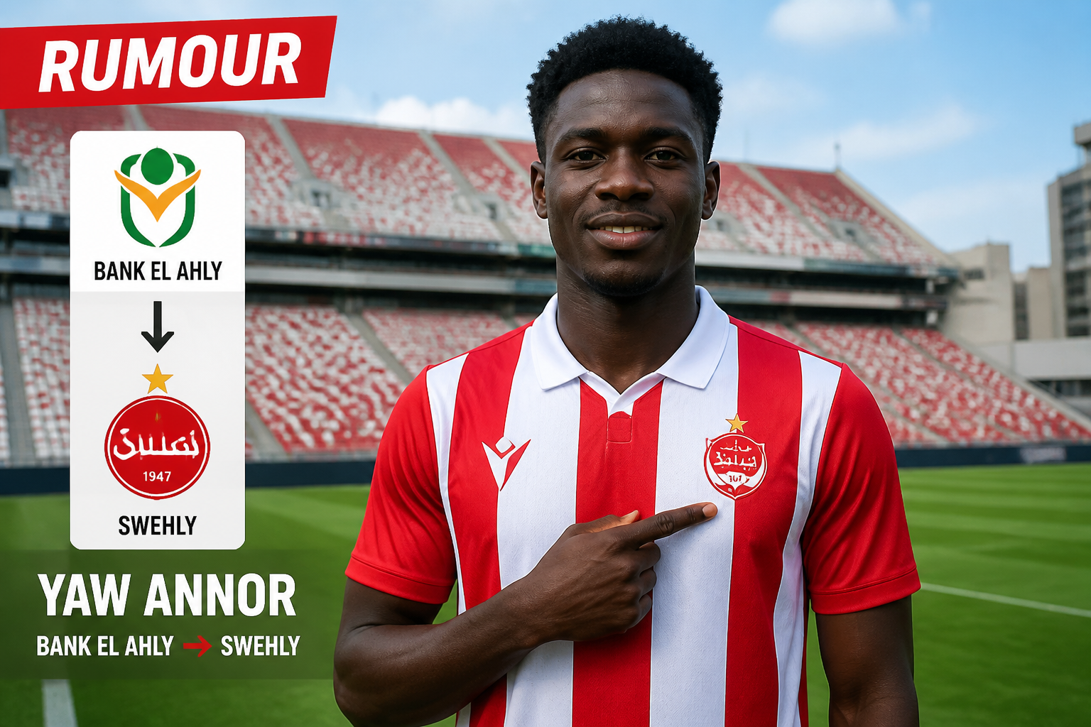 Athlete in red-and-white striped jersey in a stadium; graphic cites rumor about Yaw Annor transferring from Bank El Ahly to Swhely. Athlete in red-and-white striped jersey in a stadium; graphic cites rumor about Yaw Annor transferring from Bank El Ahly to Swhely.