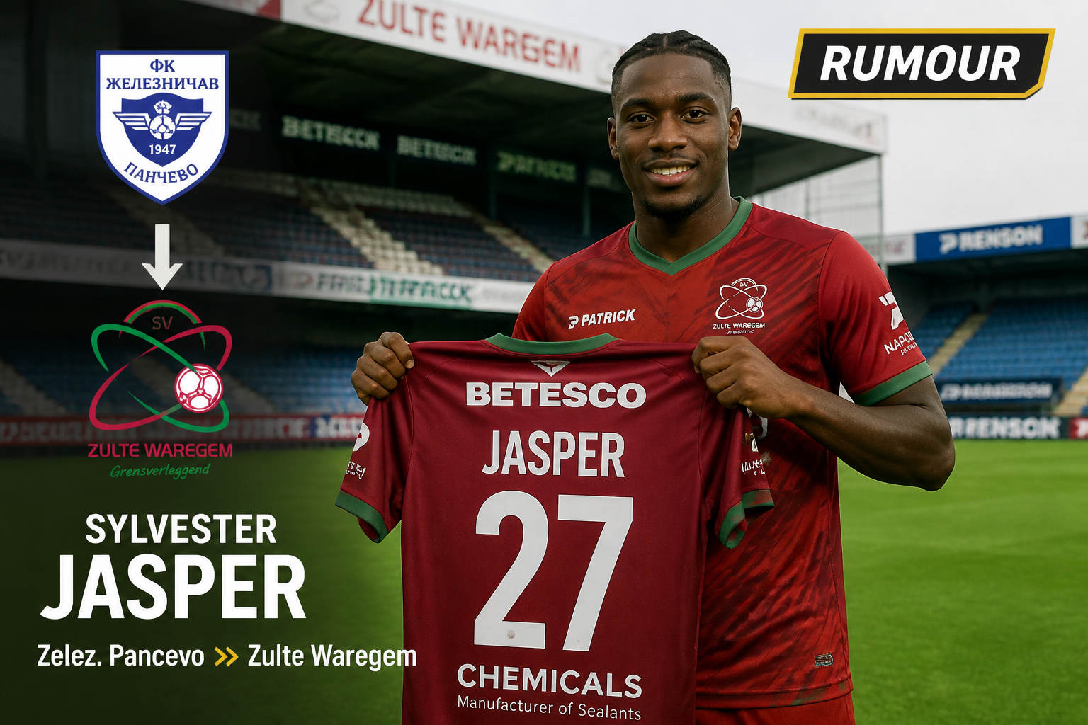 Soccer player in a maroon Zulte Waregem kit holding a jersey that reads 'JASPER' and '27' with sponsor logos; stadium in the background.