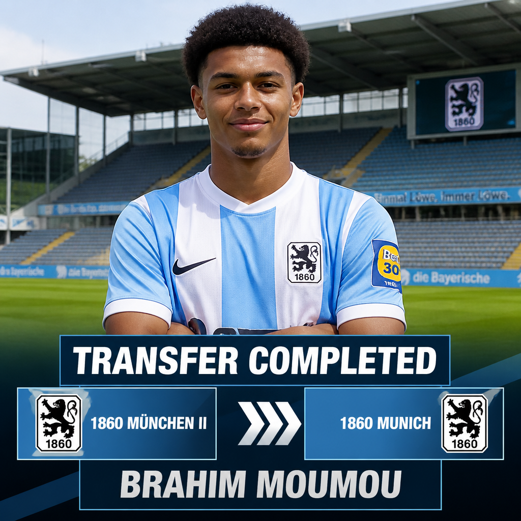 Portrait of a footballer in a blue-and-white striped jersey in a stadium, with a 'TRANSFER COMPLETED' banner and 'Brahim Moumou' nameplate visible across the lower graphic. Portrait of a footballer in a blue-and-white striped jersey in a stadium, with a 'TRANSFER COMPLETED' banner and 'Brahim Moumou' nameplate visible across the lower graphic.