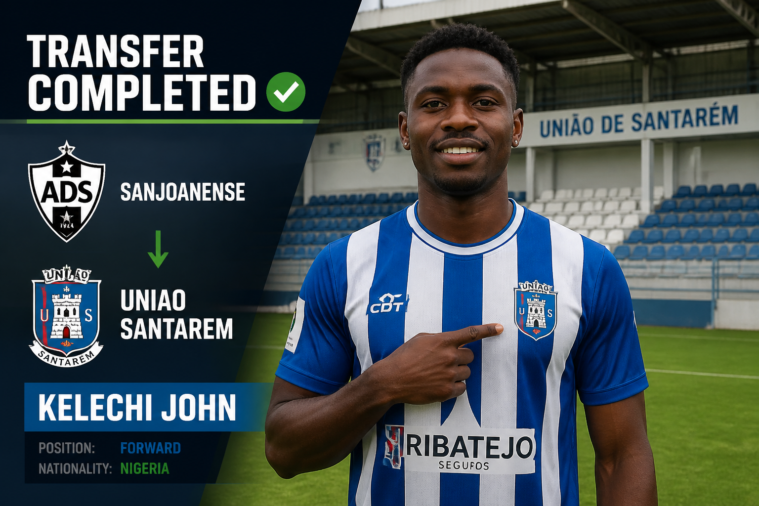 Portrait of a Nigerian forward in blue-and-white stripes on a football pitch, with a 'TRANSFER COMPLETED' graphic and team crests on the left. Portrait of a Nigerian forward in blue-and-white stripes on a football pitch, with a 'TRANSFER COMPLETED' graphic and team crests on the left.