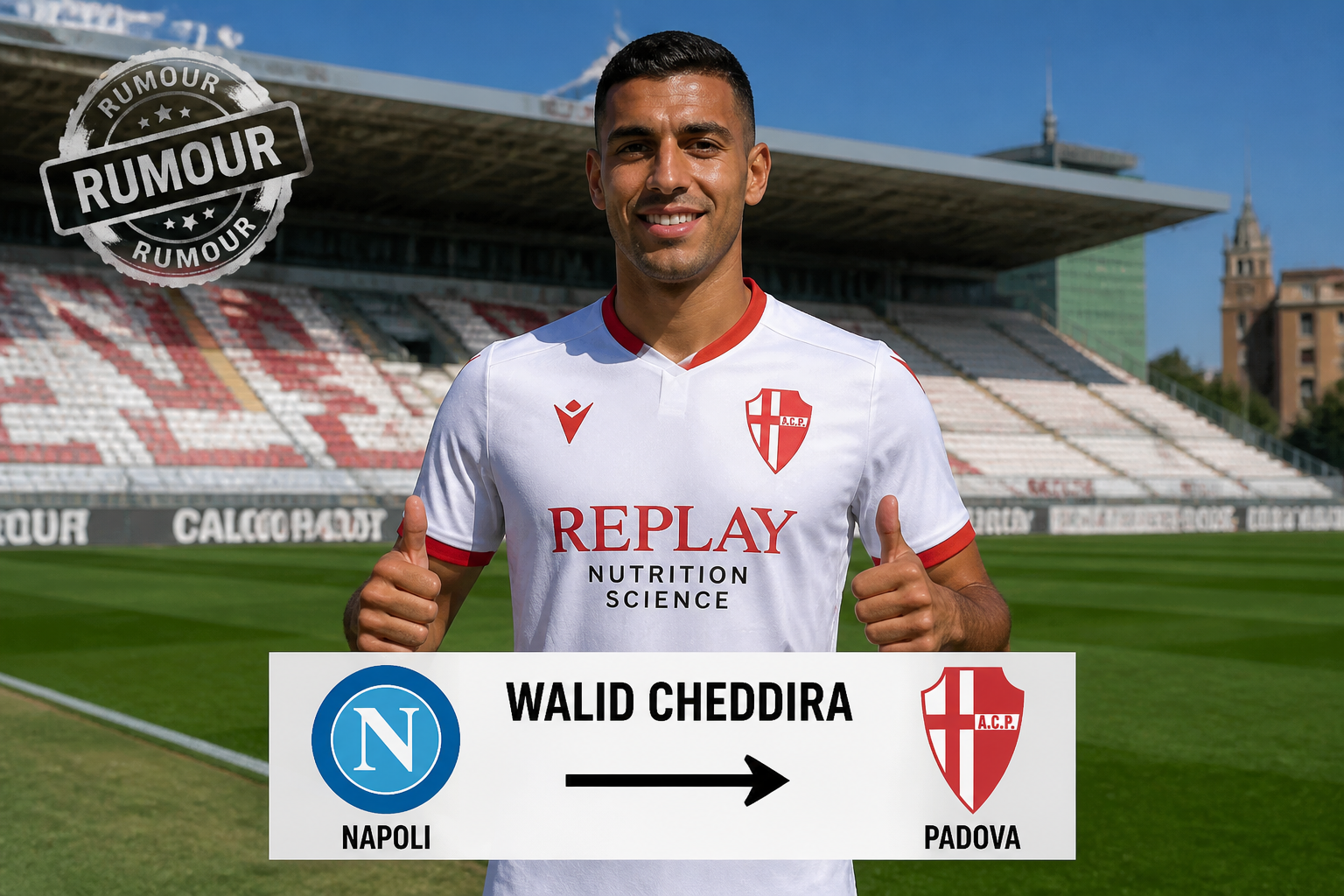 Footballer in a white club kit on a stadium field holds a transfer board reading Walid Cheddira, showing Napoli crest to Padova with a rightward arrow. Footballer in a white club kit on a stadium field holds a transfer board reading Walid Cheddira, showing Napoli crest to Padova with a rightward arrow.