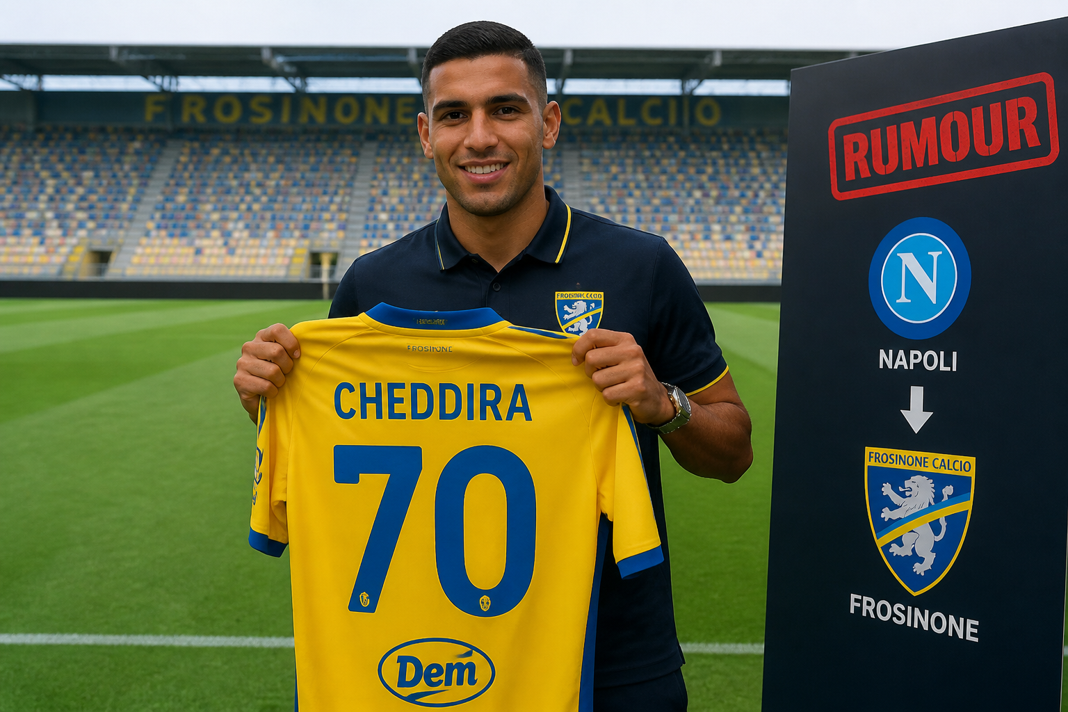 Smiling man in a navy polo holds up a yellow Frosinone jersey reading 'CHEDDIRA' and number 70 at a football stadium backdrop. Smiling man in a navy polo holds up a yellow Frosinone jersey reading 'CHEDDIRA' and number 70 at a football stadium backdrop.