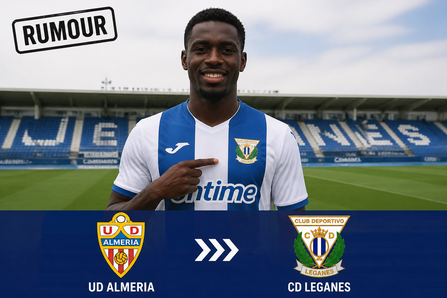 Portrait of a smiling footballer in a blue-and-white striped kit, pointing to the team crest on his chest, with UD Almería and CD Leganés logos on a banner at the bottom and a stadium behind.