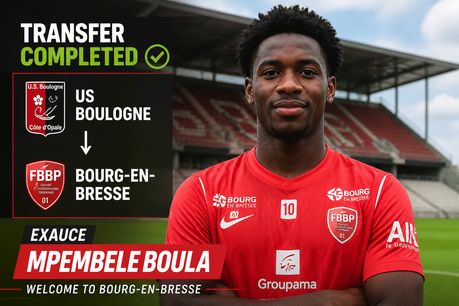 Portrait of a footballer in a red jersey with a 'Transfer Completed' graphic on the left, showing US Boulogne and Bourg-en-Bresse logos.