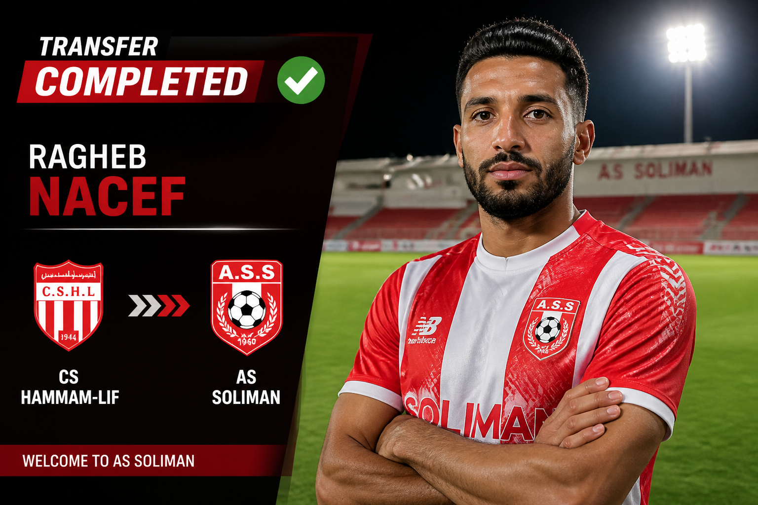 Transfer completed: Ragheb Nacef signs for AS Soliman; player in red-white jersey on stadium background with club logos CS Hammam-Lif and AS Soliman nearby.