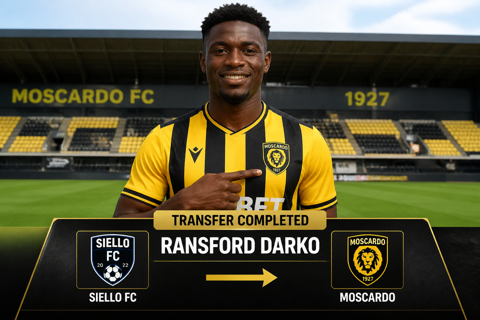 Footballer in yellow-and-black stripes points to a 'Transfer Completed' banner announcing Ransford Darko joining Moscardo, with club crests on either side.